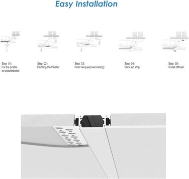 Гіпсокартон зі світлодіодним профілем Bessetho, 6 пакетів 1 м світлодіодний профіль для гіпсокартону, профіль розсіювача світлодіодної стрічки, вбудований світлодіодний алюмінієвий профіль без обрізки для стін і стелі 3,3 фута/1 м