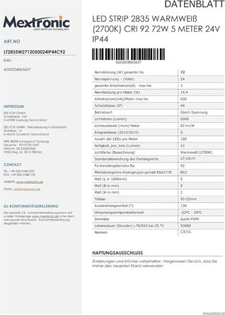 Світлодіодні стрічки Mextronic з бурштиновим світлом 1800K Світлодіодна стрічка LED стрічка 2835 тепла біла (2700K) CRI 92 72W 5 метрів 24V IP44