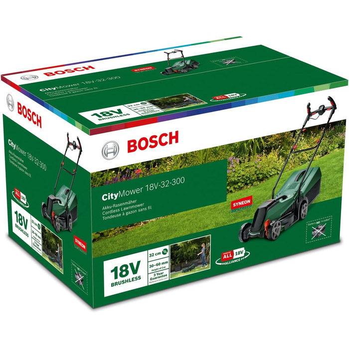 Акумуляторна газонокосарка Bosch для дому та саду Bosch CityMower 18V-32-300 (система 18 вольт, система P4A, акумулятор 4,0 Ач, безщітковий двигун, ширина скошування 32 см, газони до 300 м, в коробці) з акумулятором 4,0 Ач і зарядним пристроєм CityMower18