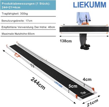 Телескопічні пандуси LIEKUMM 244 x 21 см, алюмінієвий пандус для інвалідних візків, телескопічний пандус для інвалідних візків 138-244 см, 1 пара, до 300 кг для ручних інвалідних візків