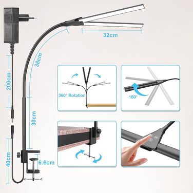Настільна лампа Hensam зі світлодіодним регулюванням яскравості, настільні лампи з подвійною головою 1400 лм, що затискаються, офісна лампа з гусячою шиєю для дому та студії, CRI83, 5 рівнів яскравості колірної температури (чорний, з пультом дистанційного