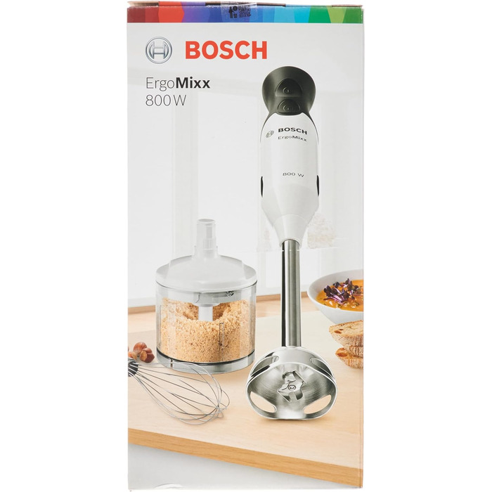 Ручний блендер Bosch ErgoMixx MS6CA4150, ніжка блендера з нержавіючої сталі, чашка для змішування та вимірювання, віночок, 4-лезовий ніж, легкий корпус, 12 рівнів плюс турбошвидкість, 800 Вт, білий/антрацит