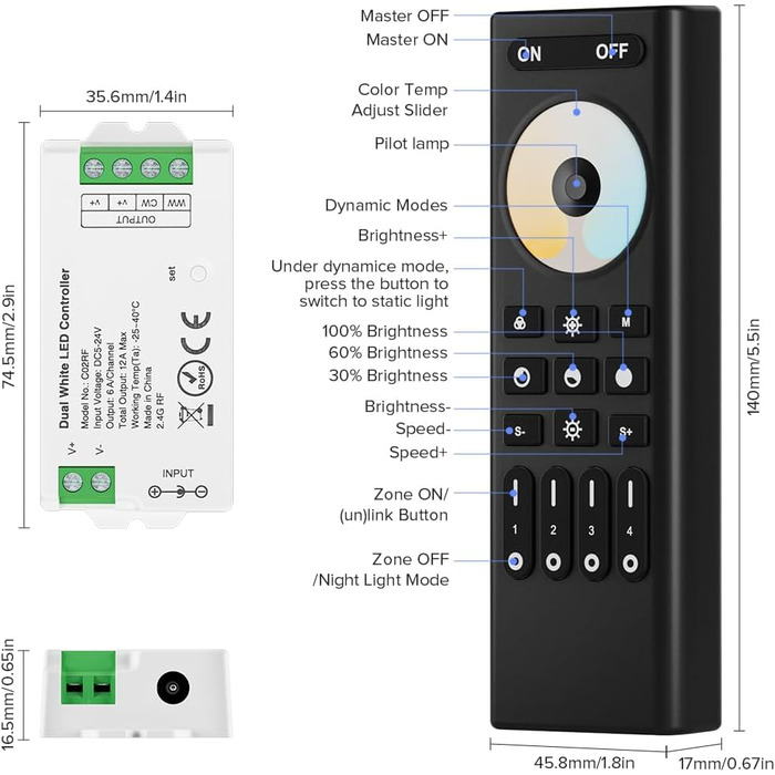 РАДІОЧАСТОТНИЙ ПУЛЬТ ДИСТАНЦІЙНОГО КЕРУВАННЯ RC02RFB&C02RF Комплект контролера 4-зонний радіочастотний 2.4 ГГц бездротовий пульт дистанційного керування Групове керування для 3-контактної світлодіодної стрічки CCT (V, CW) DC5V, DC12V, DC24V (для CCT, пуль
