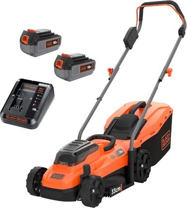 Акумуляторна газонокосарка BlackDecker BCMW33184L2 (живлення від 2 акумуляторів 18 В, 4,0 Ач, ширина зрізу 33 см, для газонів середнього розміру до 400 м, 5-позиційне регулювання висоти, в комплекті 2 акумулятора, зарядний пристрій)