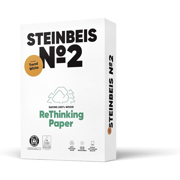 Репрографічний папір STEINBEIS No. 2 TRENDWHITE, 100 перероблений, натуральний колір, 80 г, A3, Blue Angel з 500 аркушами