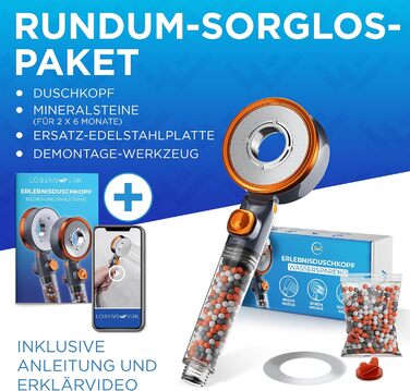 Душова лійка LOBENSWERK з фільтром 3 режими та натуральними мінеральними перлинами для чистої води та шкіри душова лійка високого тиску з бустерним режимом душова лійка з фільтром, душова лійка для душу в комплекті з запасними частинами Orange Metallic