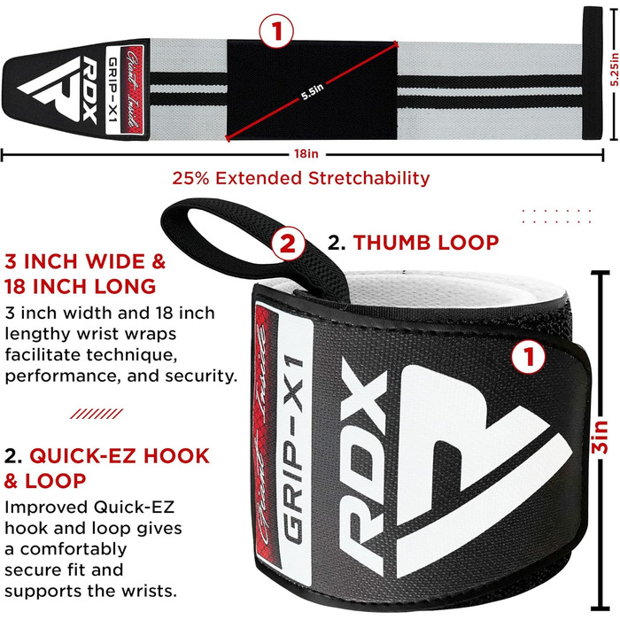 Брекети на зап'ястя RDX Фітнес-тренування з обтяженнями, схвалений IPL USPA, 45-сантиметровий бандаж для тренажерного залу Пов'язки на зап'ястя Ремені, Бандаж на зап'ястя Брекети на зап'ястя Силові тренування Аксесуари для важкої атлетики Чоловічі жіночі 