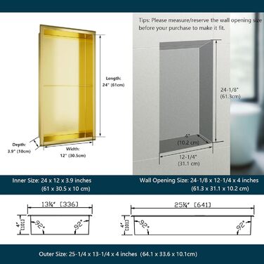 Душова ніша Agabok, 30,5 x 61 см, ніша для ванної кімнати золотистого кольору, без плитки, дворівнева настінна ніша, подвійні полиці, настінна вставка, органайзер для ванної кімнати, нержавіюча сталь 304, вбудовувана ніша золотистого кольору 12' x 24' x 4