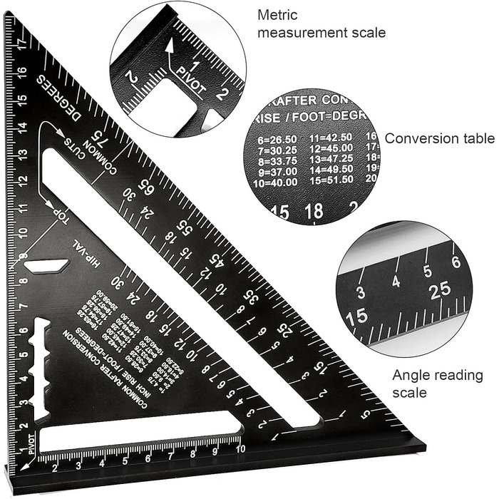 Теслярський квадрат Wanglaism з багатофункціональним кутовим трикутником кутоміром лінійкою з алюмінієвого сплаву для деревообробних інструментів зроби сам, інструмент для маркування глибоких отворів (метричний, 7 дюймів)