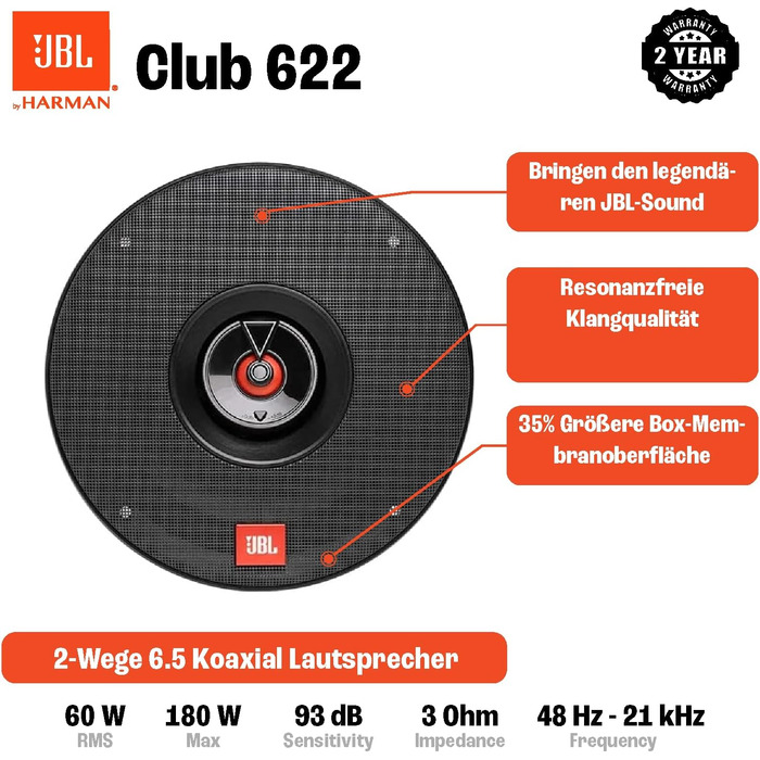 Набір 2-смугової автомобільної акустики JBL Club 622 від Harman Kardon - 180 Watt Pro коробки автомобільної акустики 16 - 17 см, чорний