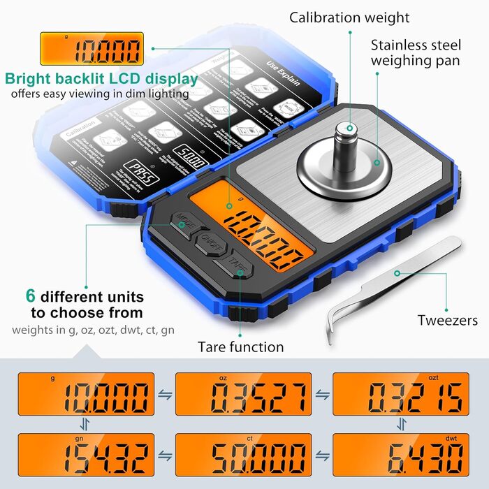 50g/0.001g Precision Pocket Scale Jewelry Scale, LCD Mini Scale Portable, Tare Function, 10g x 2 pcs Calibration Weights - Blue, 50g/0.001g Precision Pocket Scale Jewelry Scale, LCD Mini Scale Portable, Tare Function, 10g x 2 pcs Calibration Weights - Blu