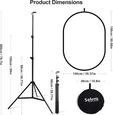 Набір висувних розсіювачів світла Selen розміром 149,9 x 99,1 см, з підставкою для світла 1,8 м і тримачем для затискача для фотостудії, портрета та зйомки продуктів 39x59 дюймів зі світловою підставкою 6,6 футів
