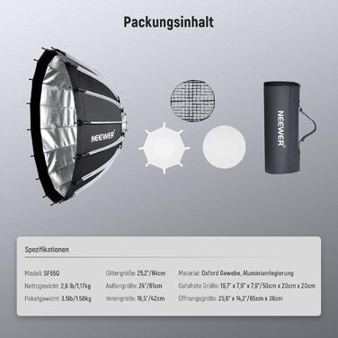 Дюймів/65 см Parabolic Softbox Швидке налаштування Швидке складання, з дифузорами/стільниковою решіткою/сумкою, сумісний з Aputure 120d Light Dome Godox sl60w NEEWER RGB CB60 та іншими ліхтарями Bowens Mount, 26