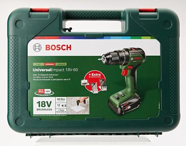 Акумуляторний ударний дриль Bosch UniversalImpact 18V-60 (свердління та загвинчування в деревині та металі або ударне свердління в цегляній кладці 42 свердла акумулятор 2,0 Ач система 18 вольт кейс) - Storeo Edition Green Premium Set 1 акумулятор