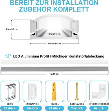 Світлодіодний алюмінієвий профіль 12 x 1 м Світлодіодний алюмінієвий профіль з білою молочною кришкою, торцевими кришками та монтажним кронштейном для світлодіодних стрічок (U-профіль-Silvery-12m) A-U-профіль-Silvery-12m