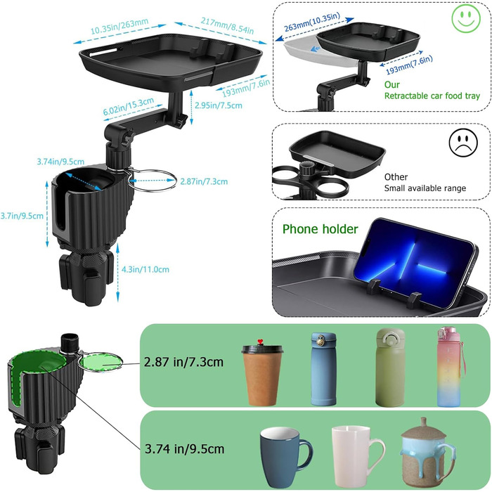 Автомобільний підстаканник Ruucy Настільний піднос Розтяжний, регульований на 360 автомобільний стіл з підстаканником і тримачем для мобільного телефону, багатофункціональний стіл Universl Автомобільний піднос для закусок Автомобільний органайзер для авто