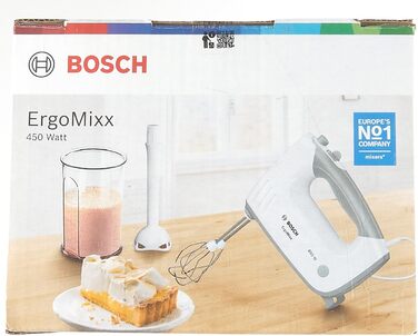 Ручний міксер Bosch ErgoMixx MFQ36440, 2 вінчика, 2 гачка для тіста з нержавіючої сталі, блендер, чашка, можна мити в посудомийній машині, 5 рівнів плюс турбошвидкість, 450 Вт, білий