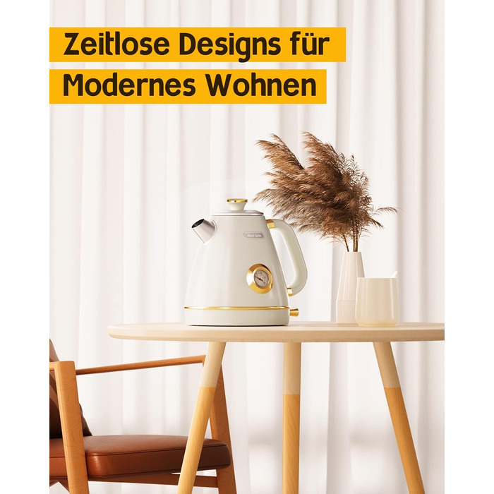 Електричний чайник Hazel Quinn ретро з термометром, повністю з нержавіючої сталі, без пластику, акумуляторний чайник, автоматичне вимкнення, 2200 Вт, 1.7 л, без BPA, вінтажний дизайн, перлинно-білий