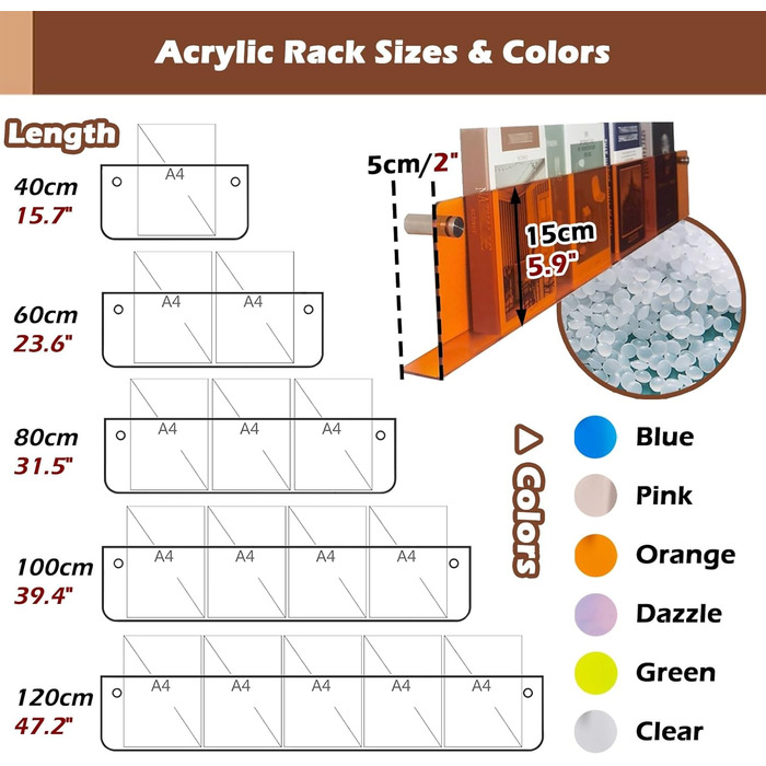 Акрилова стійка для журналів помаранчева, настінна стійка для брошур для папок з записами, стійка для шкільної літератури для папок книжкових магазинів (Колір помаранчевий, Розмір L40cm/15.7in помаранчевий)