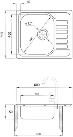 Мийка з нержавіючої сталі Faizee Furniture 60x50.5 см Вбудована раковина Раковина з осушенням Кухонна мийка в т.ч. сифон 60x50 без крана