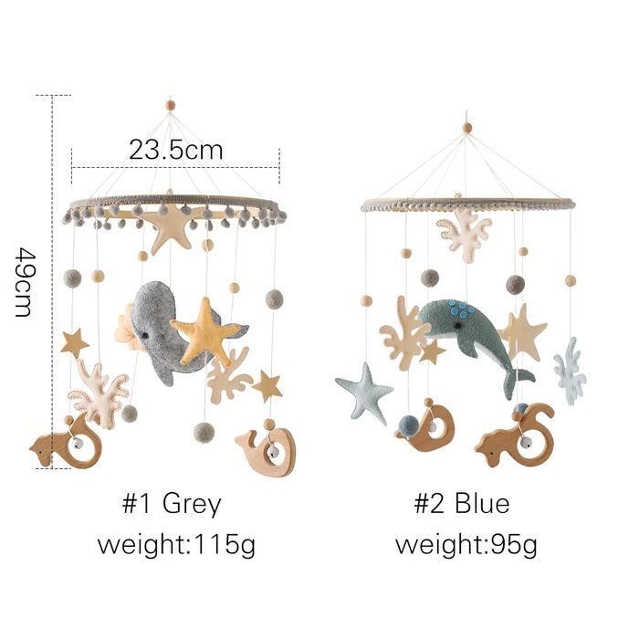 Мобільні дитячі дзвіночки вітру з фетровими кульками, морські тварини, китовий 3D мобільний дзвіночок вітру, підвісна гра для дитячого ліжечка Мобільний кулон для дитячої кімнати, подарунок новонародженому (сірий)
