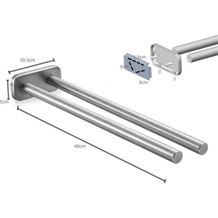 Рушникосушка матова, 40 см, нержавіюча сталь, настінна, подвійна рука, срібло