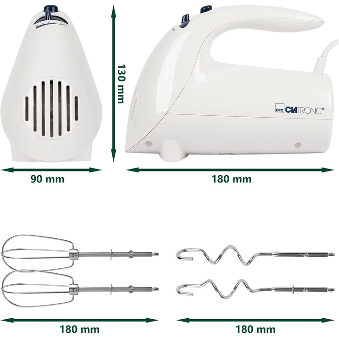 Електричний ручний міксер Clatronic Двигун 250 Вт 5 рівнів швидкості Кнопка виймання Міцні вінчики та гачки для тіста з нержавіючої сталі Можна мити в посудомийній машині HM 3014 Білий Білий 250 Вт