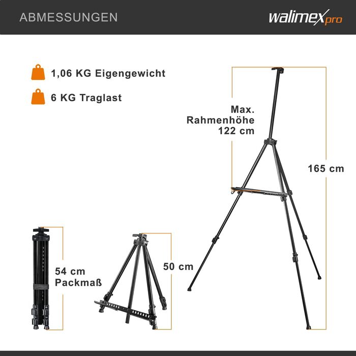 Мольберт Walimex pro L 50-165 см, алюміній I ідеально підходить як студійний мольберт, настільний мольберт і польовий мольберт I для полотен до HxD 122x4 см, до 6 кг I полиця та тримач для фарб і пензлів, з мішком чорний L (макс. 165 см) Одномісний