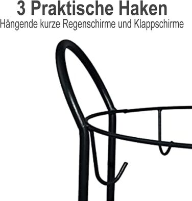 Підставка для парасольки з металу, Кругла підставка для парасольки, Тримач для парасольки універсальний, з 3 гачками та дощовиком, Окремо стояча підставка для парасольки, 60 x Ø 25 см (чорна)