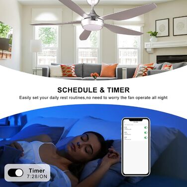 Розумний стельовий вентилятор reiga зі світлодіодним освітленням і пультом дистанційного керування з регулюванням яскравості, 137 см, 3 колірні температури та 6 швидкостей вітру, таймер і двигун постійного струму, сумісний із додатком Smart Life, срібляст