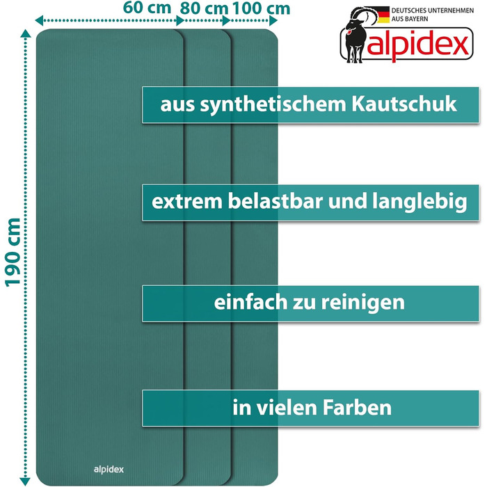 Килимок для йоги ALPIDEX Дуже товстий гімнастичний килимок 1,5 см 3 розміри Нековзний фітнес-килимок без фталатів Перенесення ременя Гімнастика Пілатес Спорт Фізіо HiiT Тренувальний килимок для йоги Килимок для сну (бірюзовий, 190 х 100 х 1,5 см)