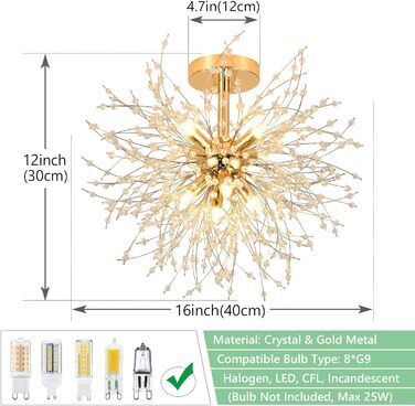 Променево сучасний кришталевий стельовий світильник, кришталева люстра феєрверків, 8 світлових золотистих стельових світильників, підвісне світло з регулюванням яскравості, світильник кристалів для вітальні, спальні, їдальні, кухні, передпокою