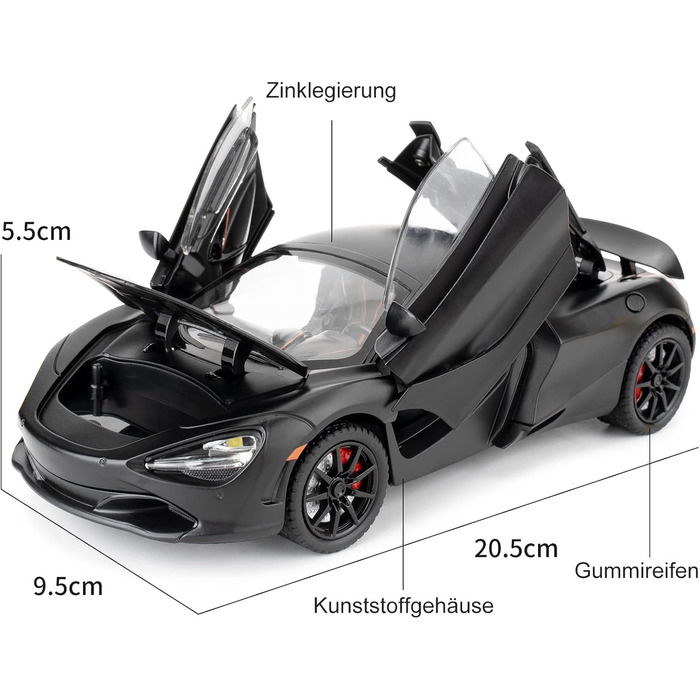 Модель автомобіля McLaren 720S, литий автомобіль з функцією відкидання, дитяча іграшкова машина зі світлом і звуком, модель іграшка для колекціонування, подарунок для дітей (чорний), 124