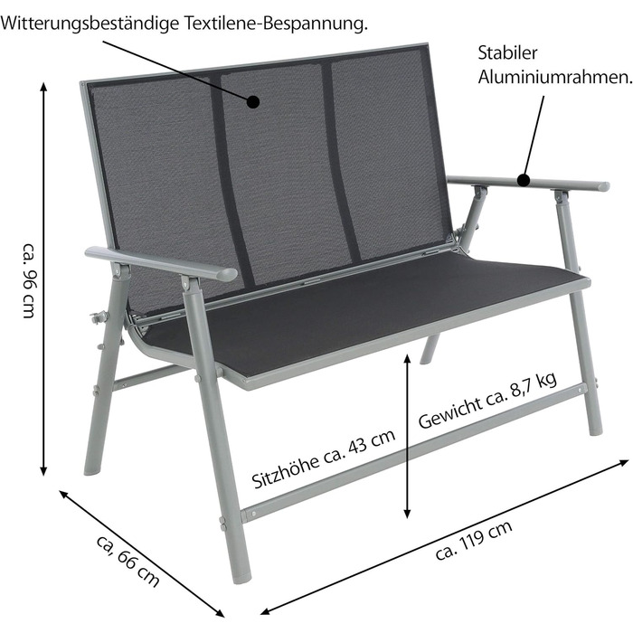 Садова лавка Паркова лавка Рама Алюмінієве покриття Текстиль 119x96x66 см 2-місна алюмінієва лавка Лавка Сад колір Покриття Чорний Рама Світло-сірий