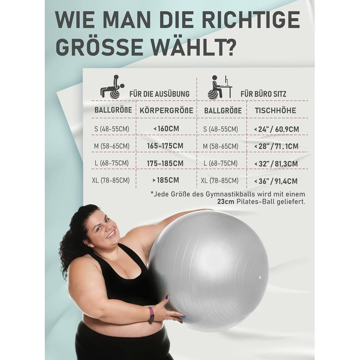 М'яч для вправ PhysKcal у наборі м'ячів для пілатесу від 55 см до 85 см і 23 см з повітряним насосом М'яч для вправ із захистом від розриву, протиковзкий м'яч для сидіння, м'яч для балансу, м'яч для йоги для дому, тренажерного залу та офісу M (58-65 см) С