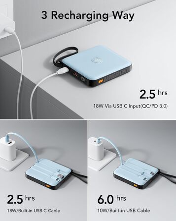 З кабелем 10000mAh Маленький USB C Power Bank Швидка зарядка 22.5W Міні портативний зарядний пристрій Зовнішній акумулятор Невеликий, але потужний акумуляторний блок Світлодіодний дисплей Сумісний з iPhone Huawei Samsung і т.д. Синій