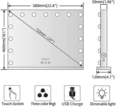 Голлівудське дзеркало для макіяжу FENCHILIN з вихідним портом USB Type C, 3 режими, дзеркало з регульованою яскравістю, голлівудське дзеркало з підсвічуванням 15 світлодіодних ламп Настільне дзеркало для макіяжу 58L x 46B см