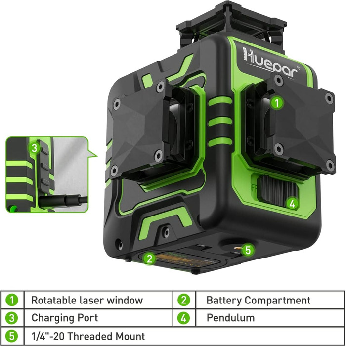 Лазерний самовирівнюючий зовнішній 3D зелений промінь поперечні лінії для будівництва / підвішування з імпульсним режимом до 130 футів, літій-іонним акумулятором та обертовою основою, 03CG 3x360