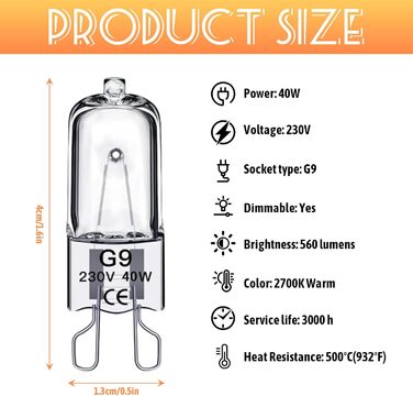 Лампа для духовки Skeadex 4 шт. G9 25W 230V, 2700K тепла біла лампочка для духовки до 300C термостійка, лампа для духовки та мікрохвильової печі (4 шт.)