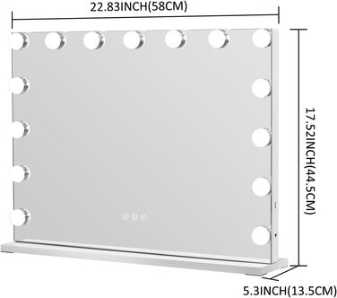 Голлівудське дзеркало з підсвічуванням, Велике дзеркало для макіяжу з 15 лампочками з можливістю регулювання яскравості, Інтелектуальне дзеркало для макіяжу з сенсорним управлінням, Дзеркало для макіяжу з підсвічуванням для спальні, вбиральні Алюміній біл