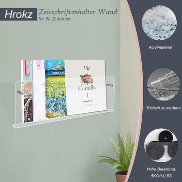 Стіна для наклеювання або свердління журнальної стійки Hrokz, 60-сантиметрова прозора акрилова стіна для тримача газет з дюбелями з клейкими гвинтами, сучасна стіна для журнальної стійки для ванної кімнати туалету вітальні 60 см / 24 дюйма