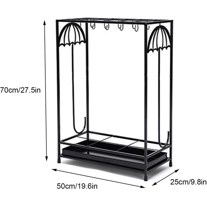 Загальний Великий тримач для парасольки для вхідної зони, з піддоном для крапель і гачком, висока підставка для парасольки для домашнього офісу, 70 x 50 x 25 см/45 x 25 x 60 см Чорний 18 отворів 10 гачків