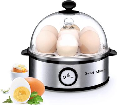 Солодка Alice Egg Cooker з нержавіючої сталі, переможець тесту яйцеварки, яйцеварка на 1-7 яєць з налаштуванням рівня твердості, світлова індикація автоматичного вимкнення, мірна чашка, захист від перегріву, без бісфенолу А, 360 Вт