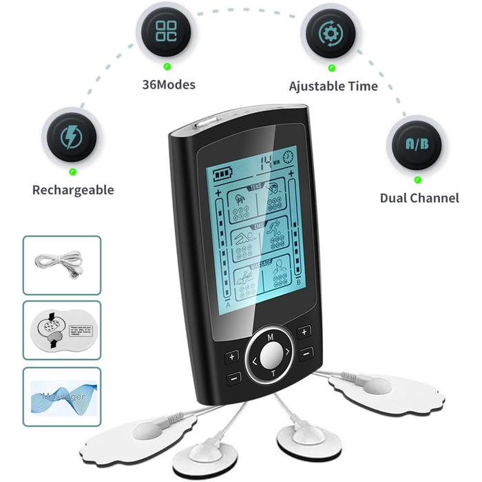 Апарат TENS EMS, 36 режимів 3-в-1, TENS EMS і функція масажу з 10 електродами, EMS і масаж 2 канали Полегшення болю спини, плечей, ніг, шиї