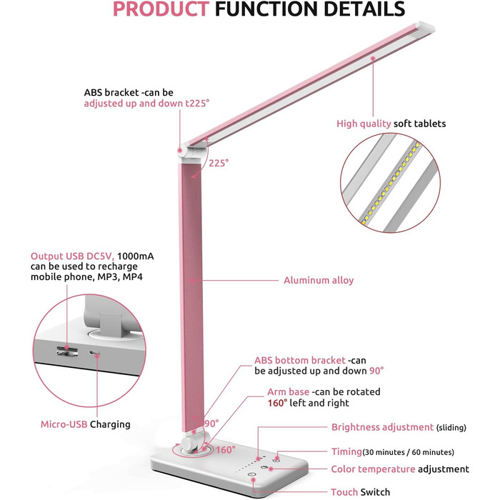 Рожева настільна лампа Світлодіодна настільна лампа з регулюванням яскравості, 5 кольорів і 10 рівнів яскравості, настільна лампа для захисту очей для дітей, сенсорне керування, складна, приліжкова лампа з вбудованим акумулятором 2500 мАг Рожевий - з вбуд