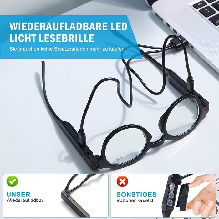 Окуляри для читання OKH з підсвічуванням, акумуляторні окуляри для читання зі світлодіодним підсвічуванням, антисинє світло, яскраве чітке бачення для нічного читання Black 1.5x