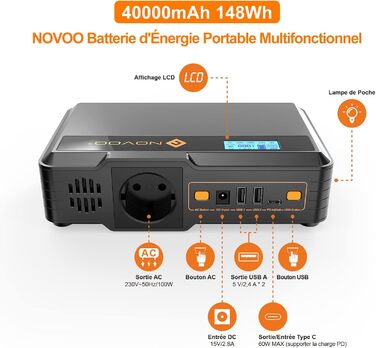 Портативний мобільний блок живлення з розеткою 220 В/100 Вт, USB-C PD 60 Вт, 2 X USB-A ЧОРНИЙ, 148Wh 40000mAh Power Bank