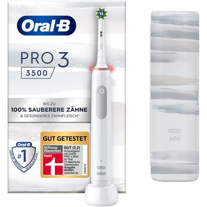 Електрична зубна щітка/електрична зубна щітка Oral-B PRO 3 3500, з 3 режимами чищення та візуальним регулюванням тиску на 360 для догляду за зубами, смужки для подорожей, подарунок чоловіку/жінці, дизайн від Braun, дизайн білої смуги