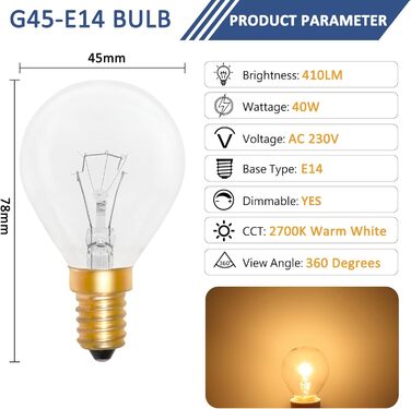 Упаковка з 2 ламп для духовки G45 E14, тепла біла лампа для плити 2700K з регулюванням яскравості, 410 люменів, 78 мм * 45 мм, 240 В змінного струму, термостійкість до 300C, прозорі лампи P45 для духовки, лавова лампа