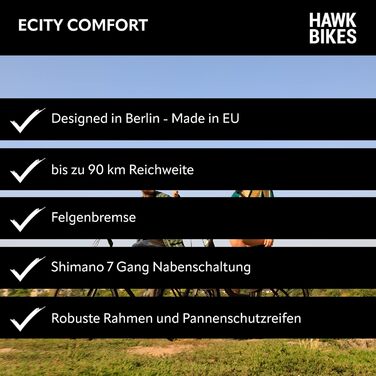 Чоловічий та жіночий електронний велосипед HAWK eCity Comfort 250 Вт I Велосипед з алюмінієвою рамою I Велосипед чоловічий 26-дюймовий з низьким входом 7-швидкісними втулковими шестернями